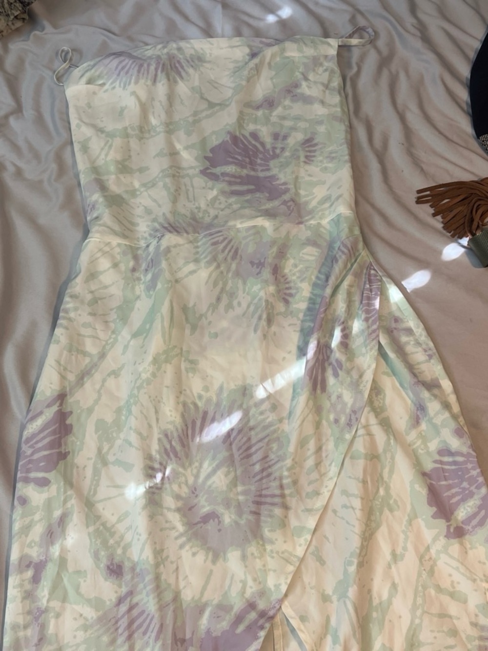 Strapless Pastel Floral Maxi Dress in White with Lavender & Mint Accents